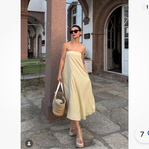 NWT ZARA BEIGE LINEN COTTON MIDI DRESS STRAPLESS WITH POCKETS sz M 5107/312